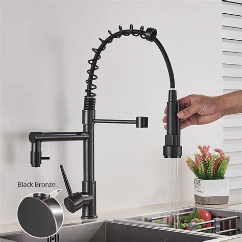 Black Brass Kitchen Faucet Vessel Sink Mixer Tap Spring Dual Swivel Spouts And Cold Water Mixer