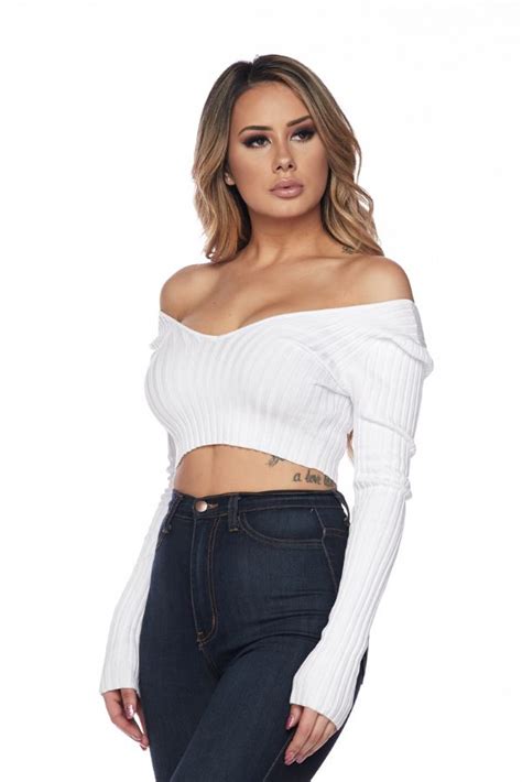 Long Sleeve V Neck Knit Crop Top Off Shoulder White