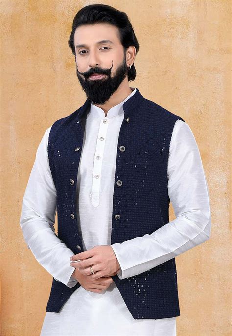 Buy Embroidered Art Silk Nehru Jacket In Navy Blue Online Muy782