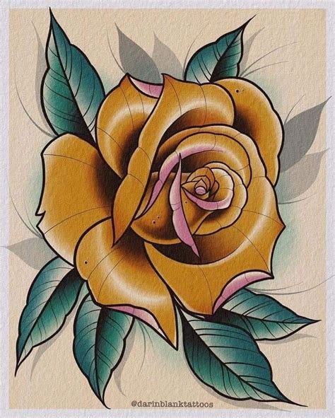 A Drawing Of A Yellow Rose With Green Leaves