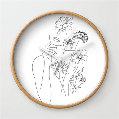 Minimal Line Art Woman With Flowers Iii Wall Clock By Nadja Society6