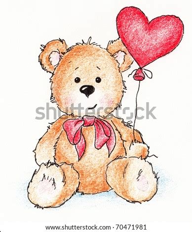 Cute Teddy Bear With Red Heart Balloon On White Background Stock Photo