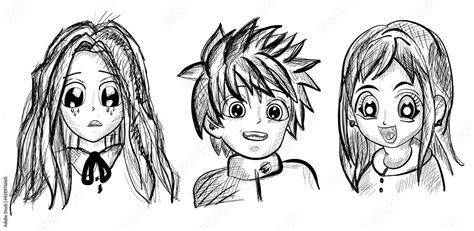 Set Of Anime Characters Asian Eyes Look Manga Style Japanese Cartoon