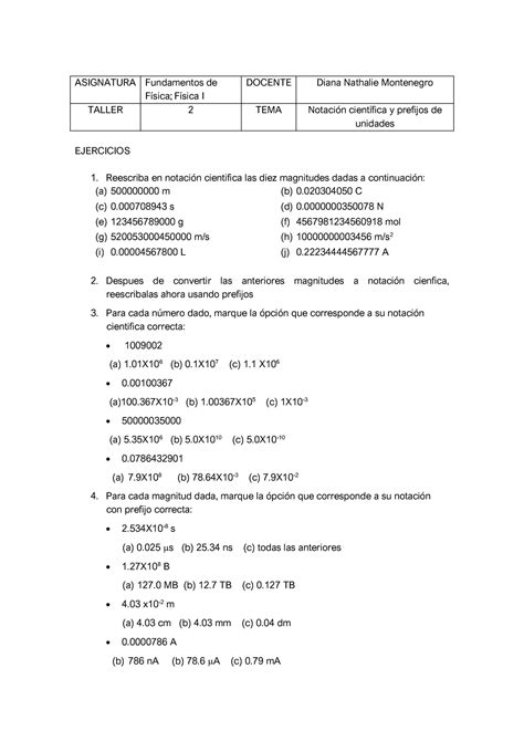 Taller Notaci N Cientifica Y Prefijos Asignatura Fundamentos De