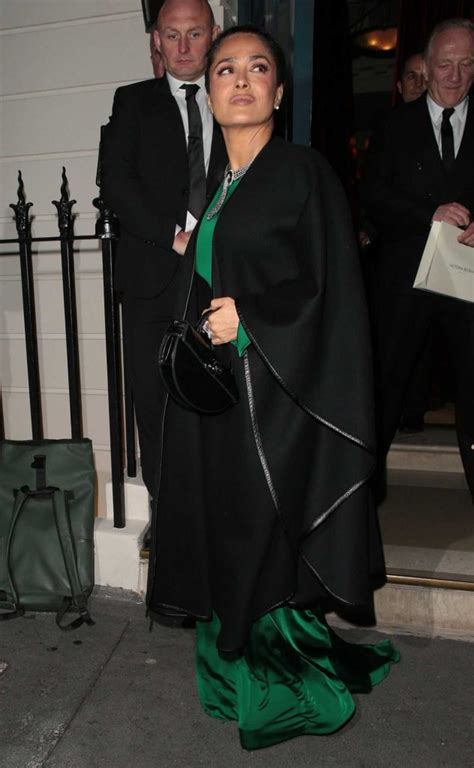 Salma Hayek In A Green Dress Leaves Victoria Beckham 50th Birthday