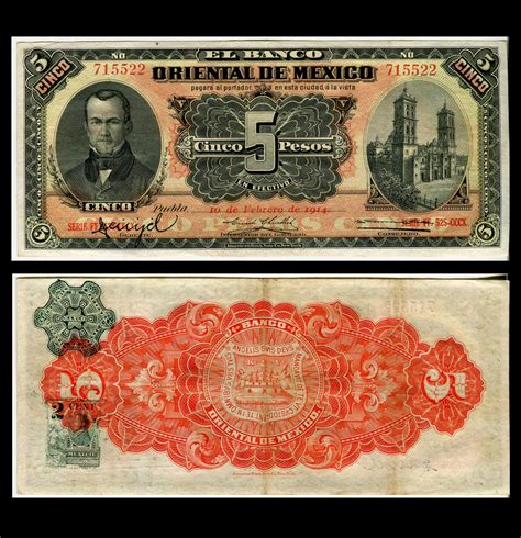 El Banco Oriental de México 5 Pesos 1914 Condición XF Extra Fine