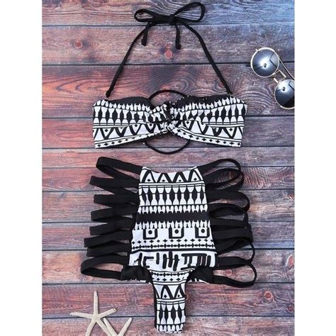 Tribal Print High Waisted Strappy Bikini Set Black Liked On