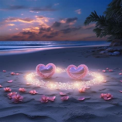 Dos Corazones En La Playa Con Un Fondo Rosa Foto Premium