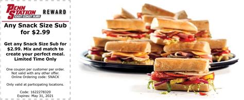 $3 snack size sub sandwiches at Penn Station restaurants via promo code ...