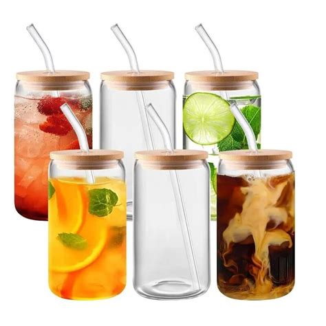 6pcs Drinking Glasses With Bamboo Lids And Glass Straw 16oz Can Shaped Glass Cups For Beerice