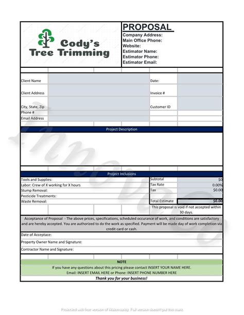 Free Tree Service Estimate Template Printable Templates