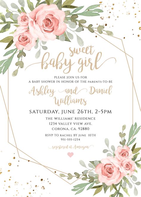 Printable Sweet Baby Girl Pink Floral Baby Shower Invitation Etsy