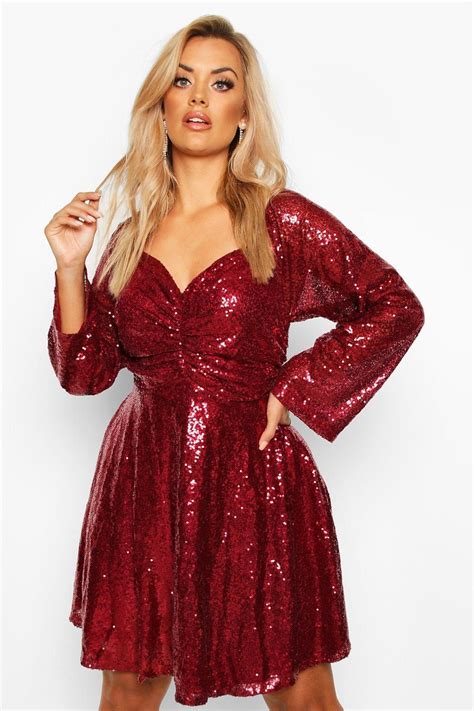 Plus Sequin Puff Sleeve Ruched Detail Skater Dress Boohoo Plus Size