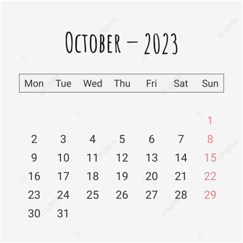 Calendrier Simple Octobre 2023 PNG Octobre 2023 Calendrier Octobre