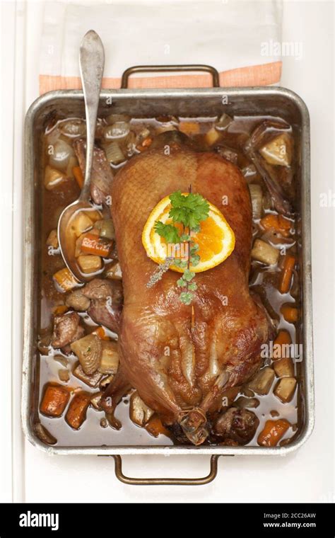 Roast duck in roasting tray, elevated view Stock Photo - Alamy