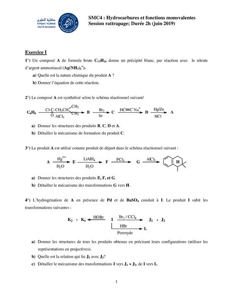 19 Exam Corrigé hydro F SR SMC4 Hydrocarbures et fonctions