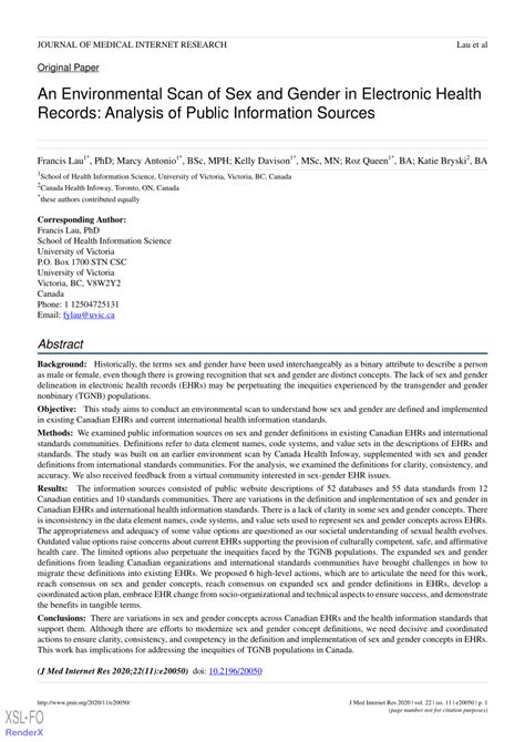 Pdf An Environmental Scan Of Sex And Gender In Electronic Health