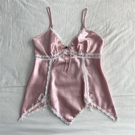 Y K Pink Satin Babydoll Cami White Lace Trim Cute Depop White