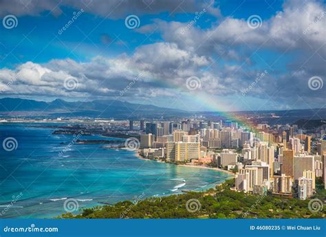 Rainbow Over Hawaii Skyline Stock Image Image Of Beautiful Beauty