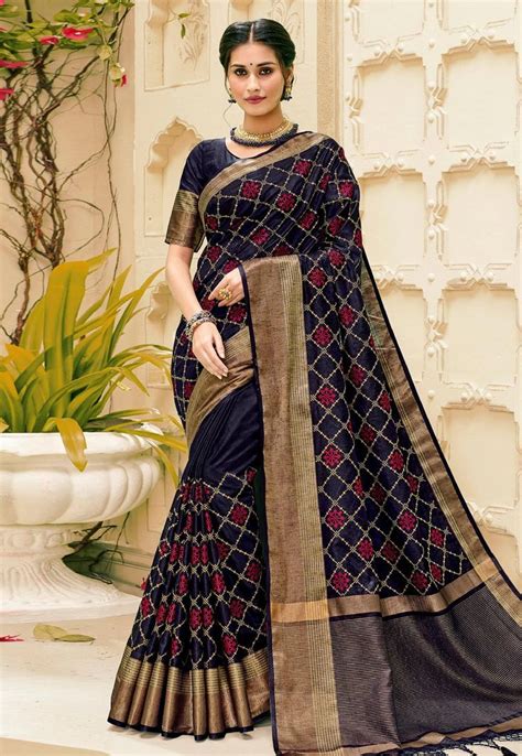 Navy Blue Silk Embroidered Festival Wear Saree Blue Silk Saree