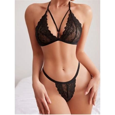 Shein Intimates Sleepwear Size Medium Black Floral Lace Harness Lingerie Set Poshmark