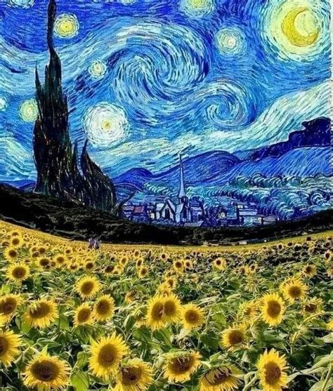 A Painting With Sunflowers In The Foreground And A Starry Sky Above It