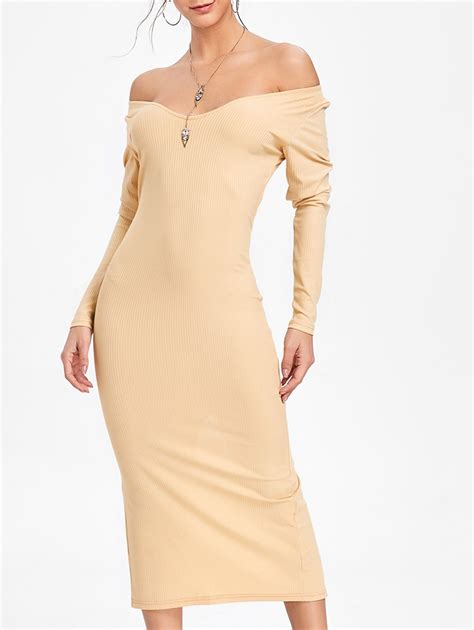 [71 Off] Long Sleeve Open Shoulder Ribbed Dress Rosegal