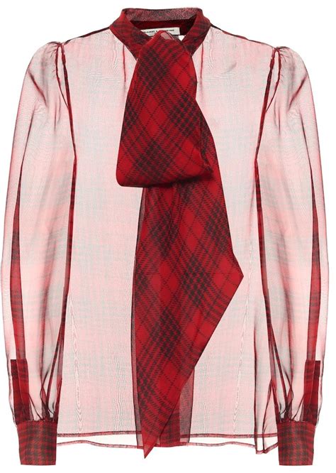 Saint Laurent Checked Silk Mousseline Blouse Shopstyle Long Sleeve Tops