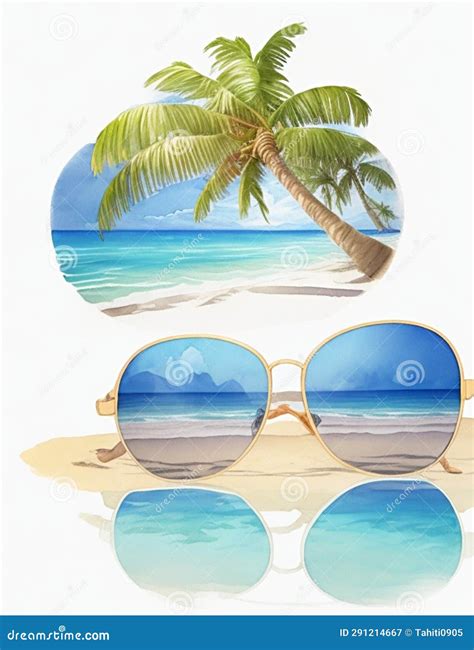 Gafas De Sol Con Reflejo De Palmera En La Playa En Acuarela Para