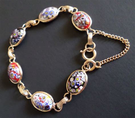 Vintage Gold Tone Colorful Millefiori Glass Cabochons Link Etsy Link Bracelets Vintage Gold