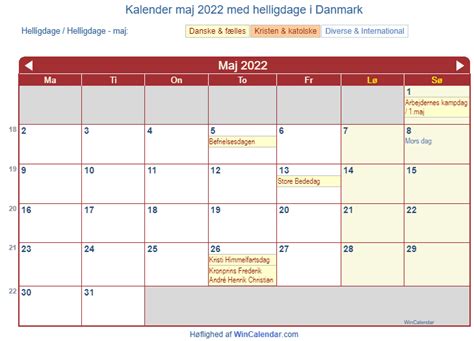 Danmark Kalender Til Udskrivning Maj 2022