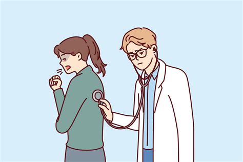 Doctor Uses Stethoscope Examining Coughing Patient And Auscultating