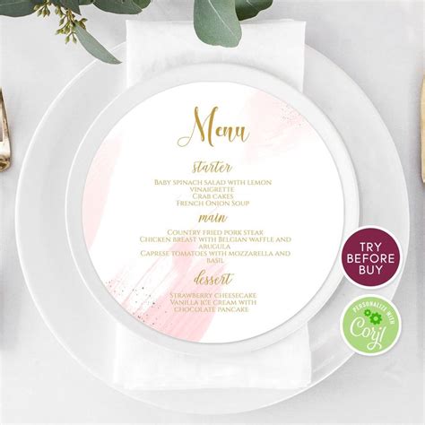 Watercolor Round Menu Editable Wedding Menu Circle Menu Template