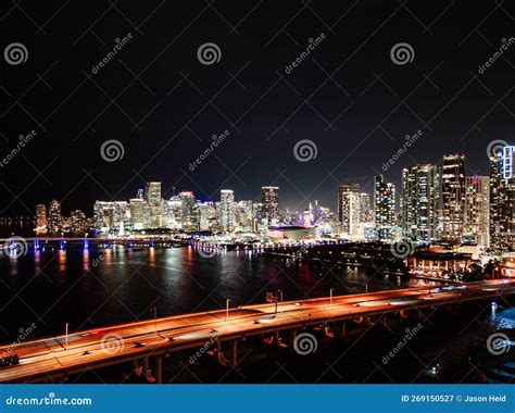 Downtown Miami Skyline at Night by Drone Aerial Stock Image - Image of ...