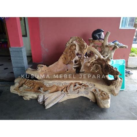 Jual Kursi Bangku Akar Kayu Jati Solid Ukir Naga Panjang 140cm