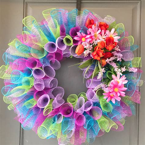 Spring Floral Mesh Wreath Etsy Summer Mesh Wreaths Summer Deco