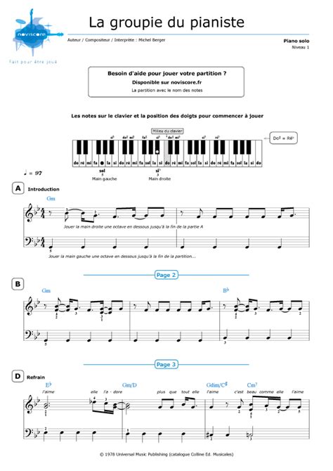 Piano Sheet Music La Groupie Du Pianiste Michel Berger Noviscore Sheets