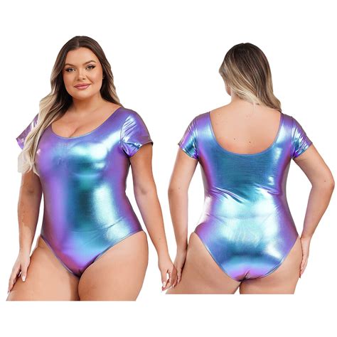 Nyeemya Women Plus Size Adult Shiny Patent Leather Short Sleeve One