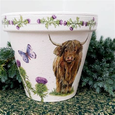 Highland Cow Plant Pot Large Terracotta Planter Decoupaged Etsy Uk