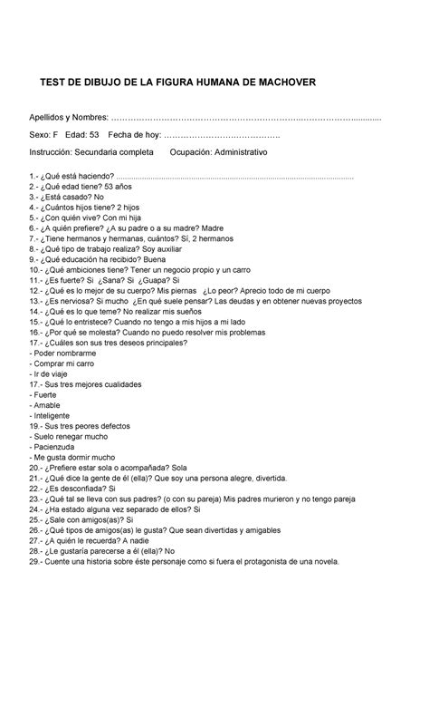 Historieta Y Preguntas K Machover TEST DE DIBUJO DE LA FIGURA HUMANA