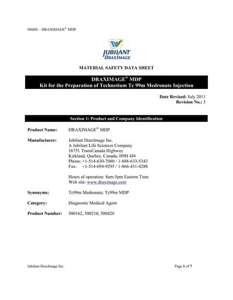 DRAXIMAGE MDP Kit For The Preparation Of Technetium Tc 99m