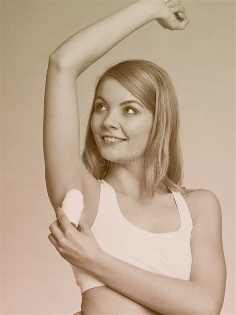 Girl Applying Stick Deodorant In Armpit Stock Photo Image Of