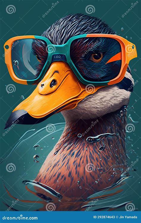 Duck In Diving Mask And Glasses Swimming In Water Vector Illustration