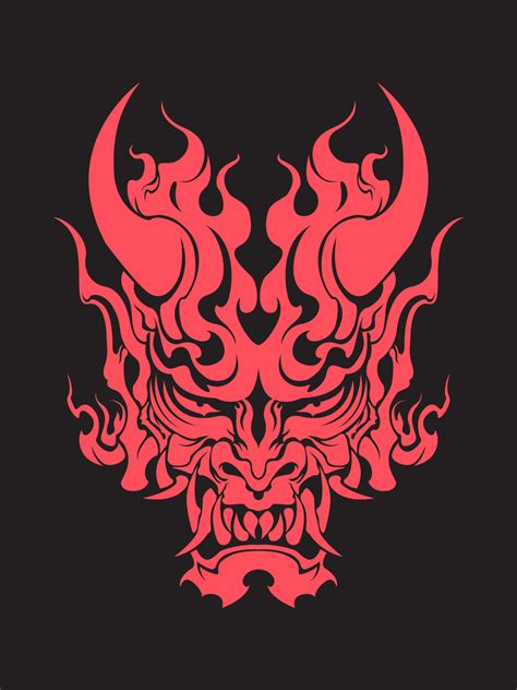 Demon Samurai Oni Mask Hannya Mask Skull Head Tattoo Illustration