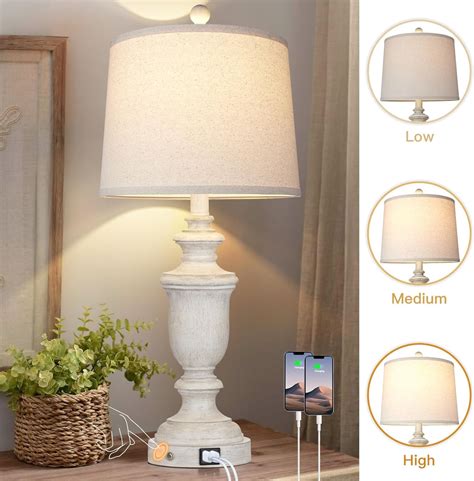 Cinkeda Farmhouse Touch Lamps Set Of 2 With Usb Ac Port Ac Outlet 3 Way Dimmable Resin