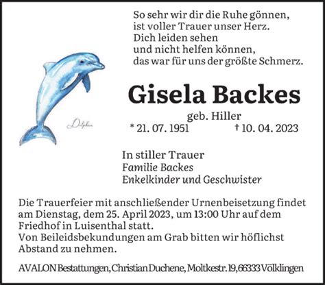 Traueranzeigen Von Gisela Backes Saarbruecker Zeitung Trauer De