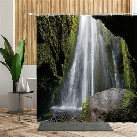 3d Waterfall Scenery Bathroom Shower Curtain Forest Trees Stone Lake