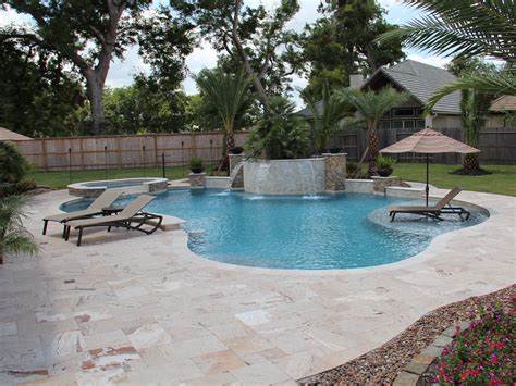 Customoutdoors Swimming Pool With Travertine Pavers Sun Shelf