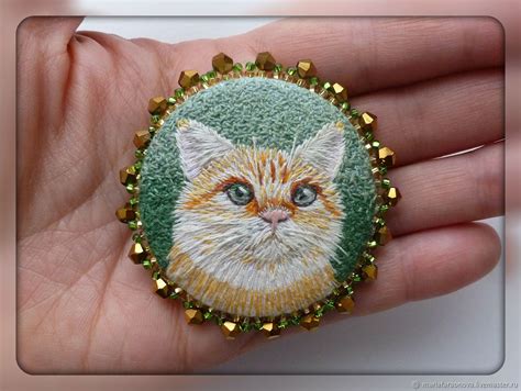 Брошь "Рыжий котик" с вышивкой гладью – заказать на Ярмарке Мастеров ...
