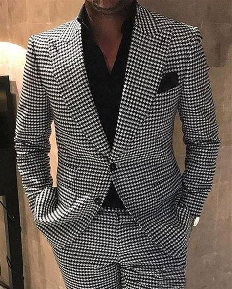 Men Fashion Formal Outwear Pieces Houndstooth Tweed Jacket Blazer Suit Classbydress